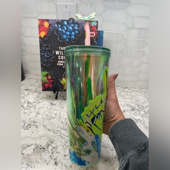 Starbucks Summer Iridescent Canna Lily Butterfly Floral Straw Topper Cup. NWT. - Picture 2 of 8